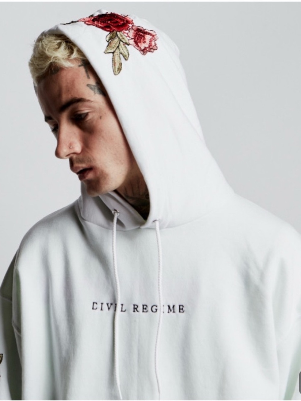 Civil Regime White Hoodie with Red Floral Embroidery